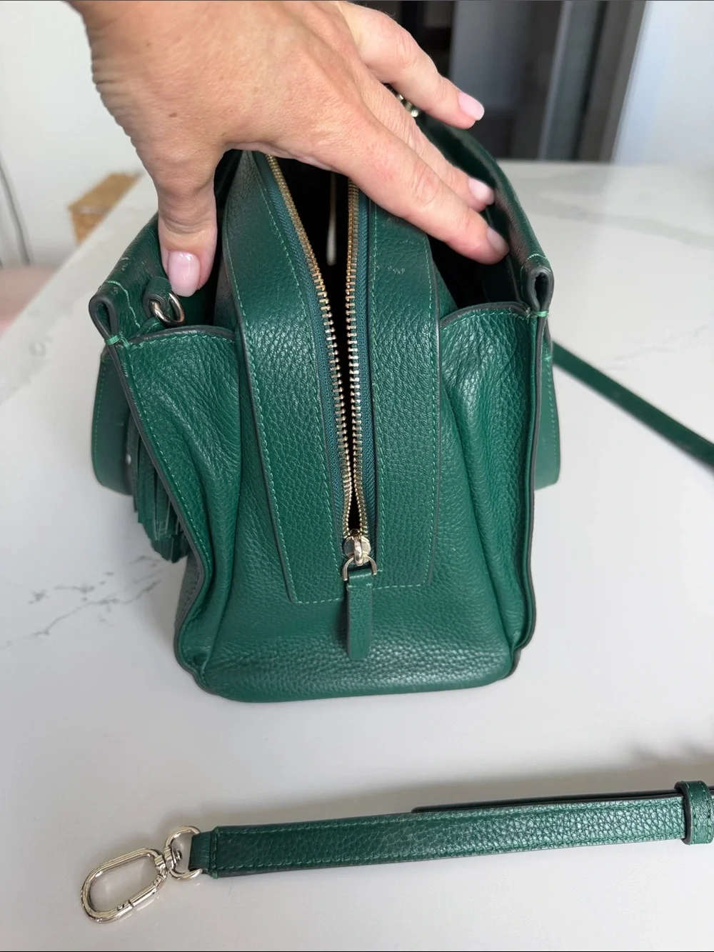 kate spade emerald green pebbled leather satchel with tassel